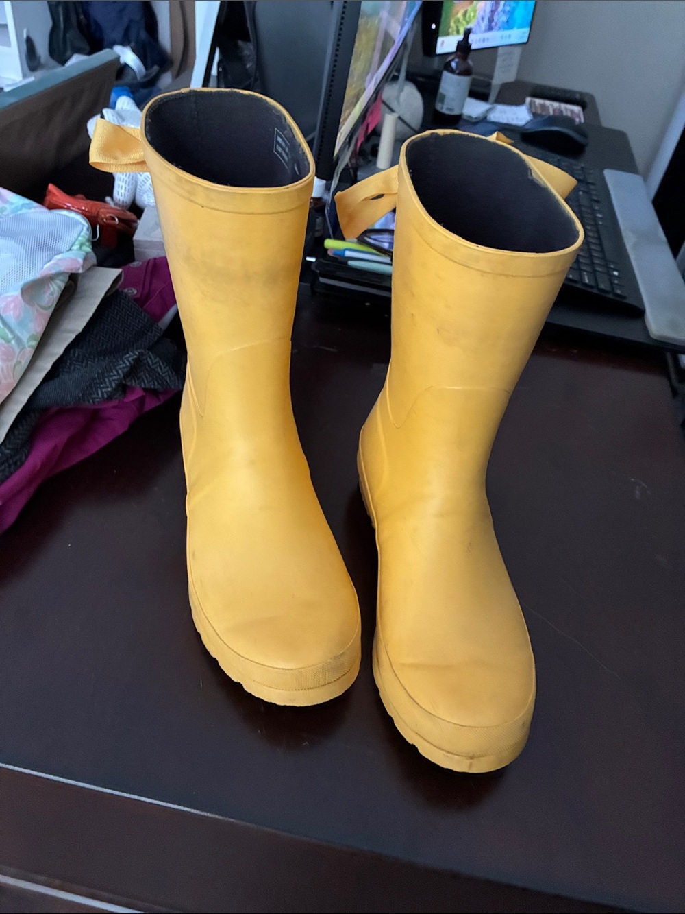Lemon Bright Yellow Women's Rain Boots with Back Ribbon - Picture 2 of 7